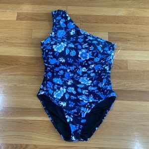 NWOT Jcrew Ruched one-shoulder one-piece in midnight-blue floral